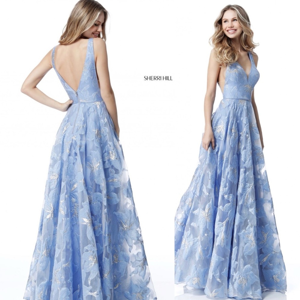 Sherri Hill Style #51628 Floral Print V-Neck Dress In Periwinkle Blue Size 10